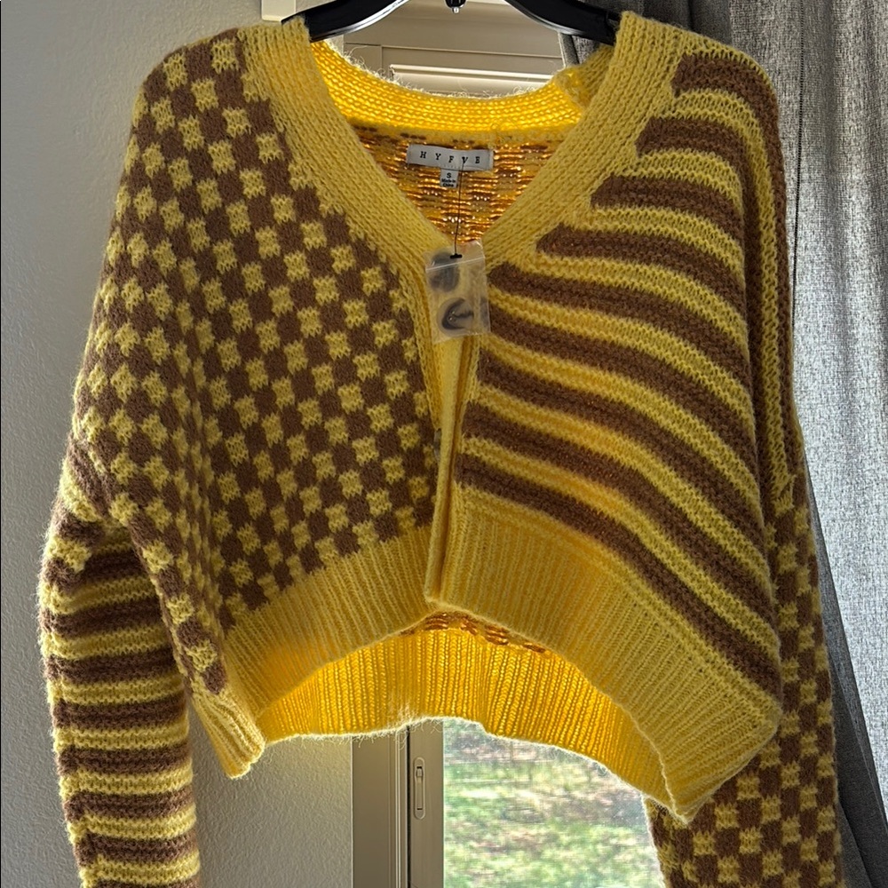 NWT HYFVE Yellow and Brown Cardigan with Asymmetrical Design